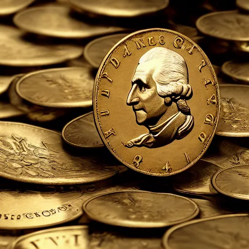 Image similar to a closeup photorealistic photograph of a happy George Washington inspecting small gold Doubloon coins at his home on Cherry Street. This 4K HD image is Trending on Artstation, featured on Behance, well-rendered, extra crisp, features intricate detail and the style of Unreal Engine.