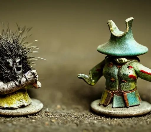 Image similar to miniature figurines of surreal heironymus bosch monsters, close up, detail, tilt shift, product photography