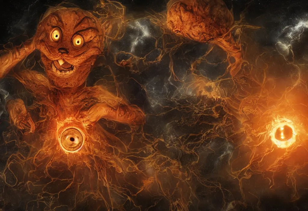 Image similar to eldritch horror bloody garfield in space, hd, 8 k, giant, epic, realistic photo, unreal engine, prophecy, powerful, cinematic lighting, destroyed planet, debris, violent, sinister, ray tracing, dynamic, epic composition, dark, horrific, teeth, grotesque, monochrome drawing, hellscape, corpses, foreboding, lightning, garfield cartoon eyes