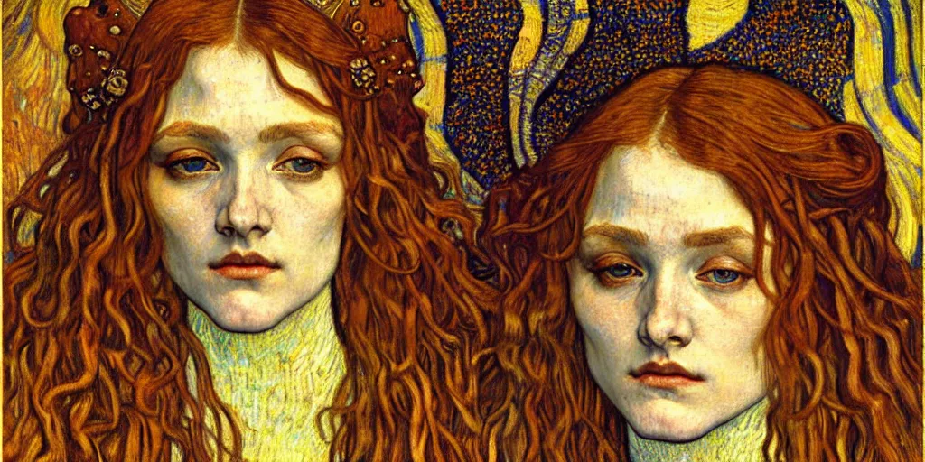 Image similar to detailed realistic beautiful young medieval queen face portrait by jean delville, gustav klimt and vincent van gogh, art nouveau, symbolist, visionary, gothic, pre - raphaelite, muted earthy colors, desaturated