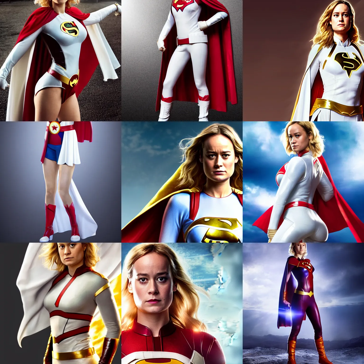 Prompt: Brie Larson as DC Comics' Power Girl, full body with white costume and cape, photo, 4k