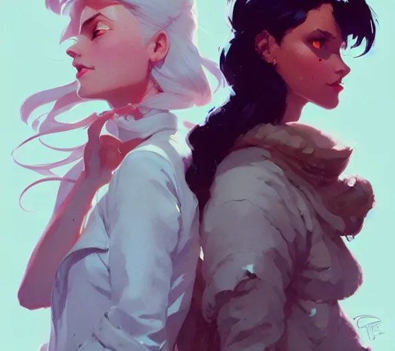 Prompt: portrait elza and anna by atey ghailan, by greg rutkowski, by greg tocchini, by james gilleard, by joe fenton, by kaethe butcher, dynamic lighting, gradient light blue, brown, blonde cream and white color scheme, grunge aesthetic