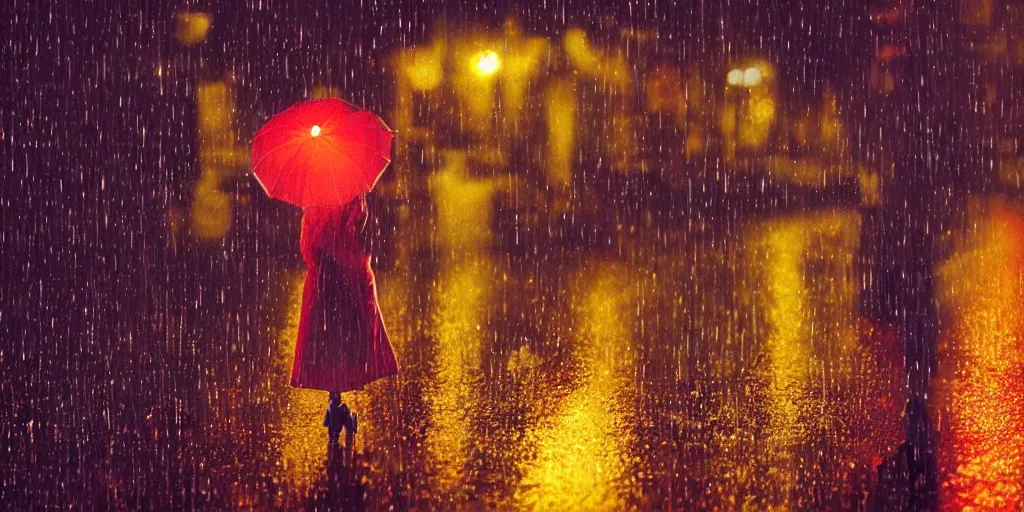 Prompt: a girl in a yellow raincoat and a red umbrella, standing in the rain, night, tokyo street, raining , wet, artstation, cgsociety, depth of field, bokeh, neon lights