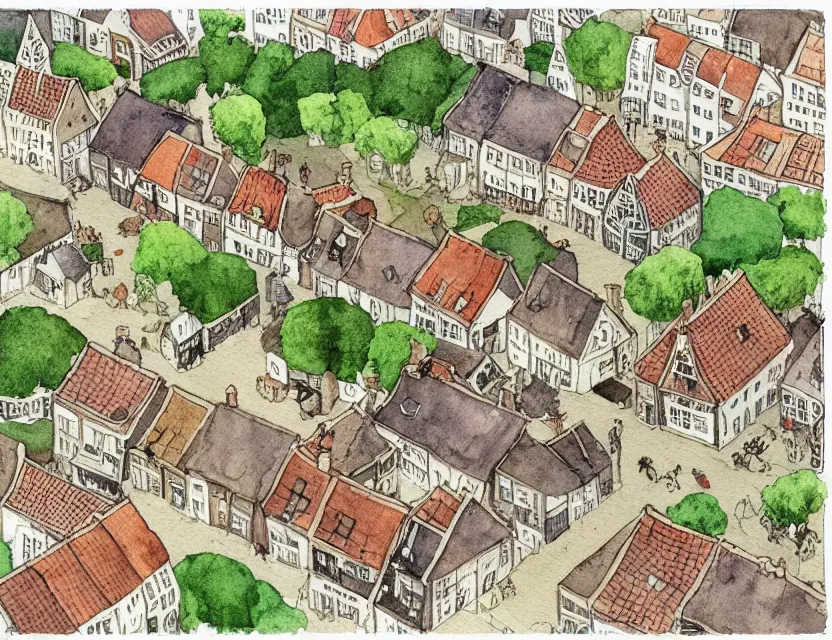 Image similar to a building in a typical dutch village. isometric aerial view. whimsical watercolor illustration by anton pieck. very detailed