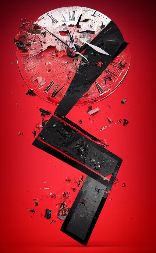 Image similar to a melting Roman numeral clock, behind a red and black gradient background, awith a black heart shaped on the top left corner and a black diamond card shape in the bottom right corner, dynamic lighting, photorealistic fantasy concept art, trending on art station, stunning visuals, cinematic, creative, ultra detailed