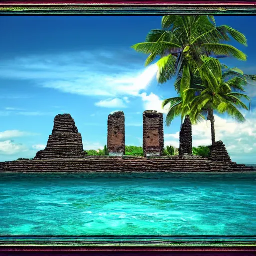 Prompt: ancient ruins in a tropical island viewed from the sea,retrowave art,trending on deviant art