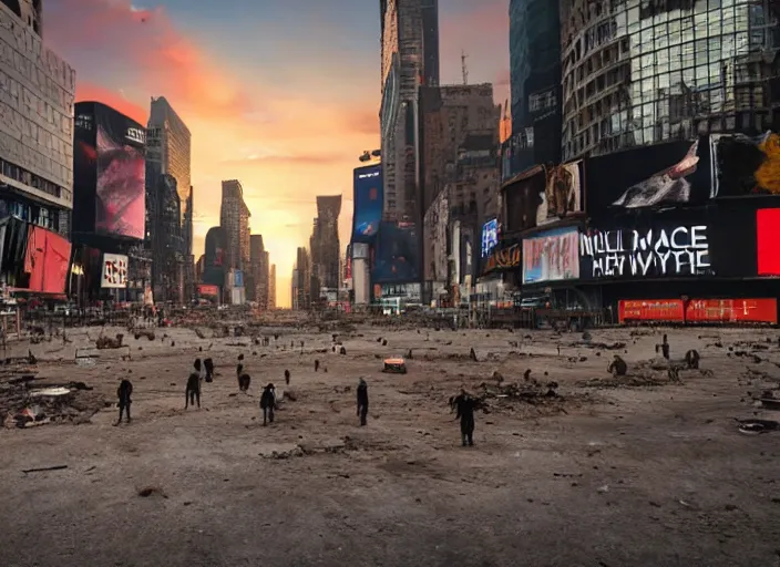 Image similar to film still of post apocalyptic empty time square at sunset, overgrown with wildlife walking through in the new sci - fi movie, 8 k