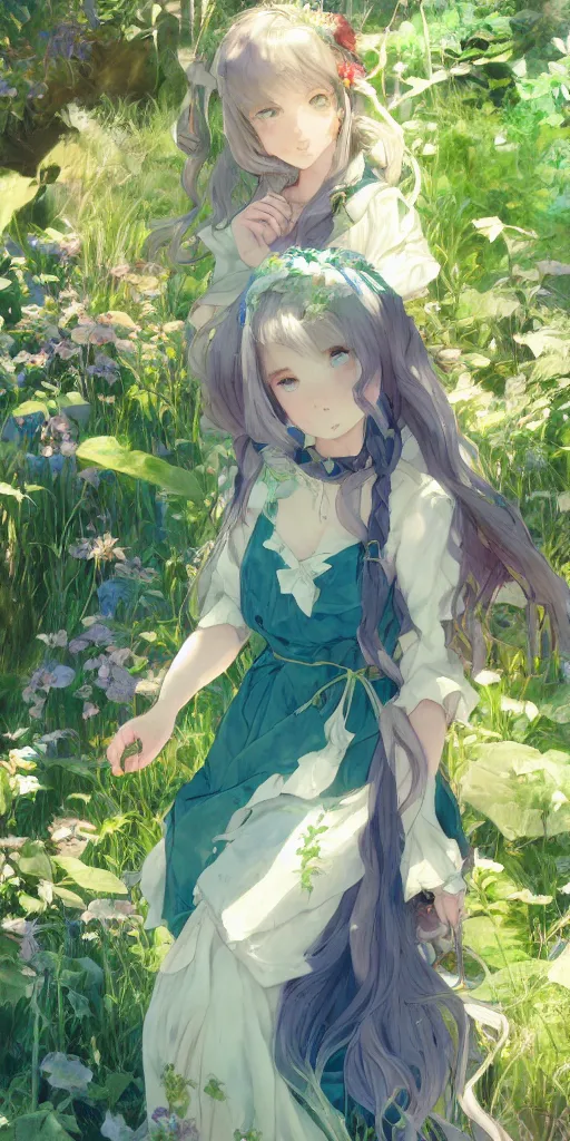 Image similar to a loli with long hair in a dress in the privet garden at after noon, green and warm theme, blue accents, low angle, back lighting, highly detailed, 4 k resolution, trending on art station, by krenz cushart and mucha and akihito yoshida and greg rutkowski