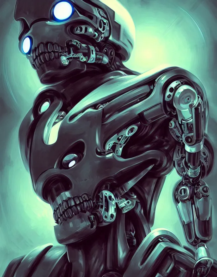 Image similar to skull - headed robot cyborg painting, illutstration, concept art, cyberpunk, futurism, comics art, artgerm, full body shot, wide angle