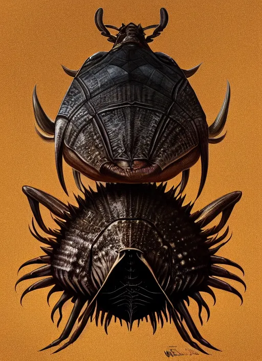 Prompt: anthropomorphic obtuse triangle head in edgy darkiron horseshoe crab, intricate, elegant, highly detailed animal monster, digital painting, artstation, concept art, smooth, sharp focus, illustration, art by artgerm, wayne barlowe, trending on artstation and greg rutkowski and alphonse mucha, 8 k