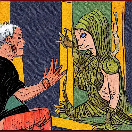 Image similar to A lizard person shaking hands with a religious icon, concept art