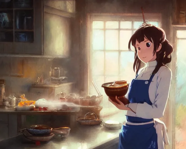 Image similar to a brunnete girl with blue eyes and puffy cooking breakfast in her messy house, holding a pan, close up shot from the side, anime art, Greg Rutkowski, studio ghibli, dramatic lighting