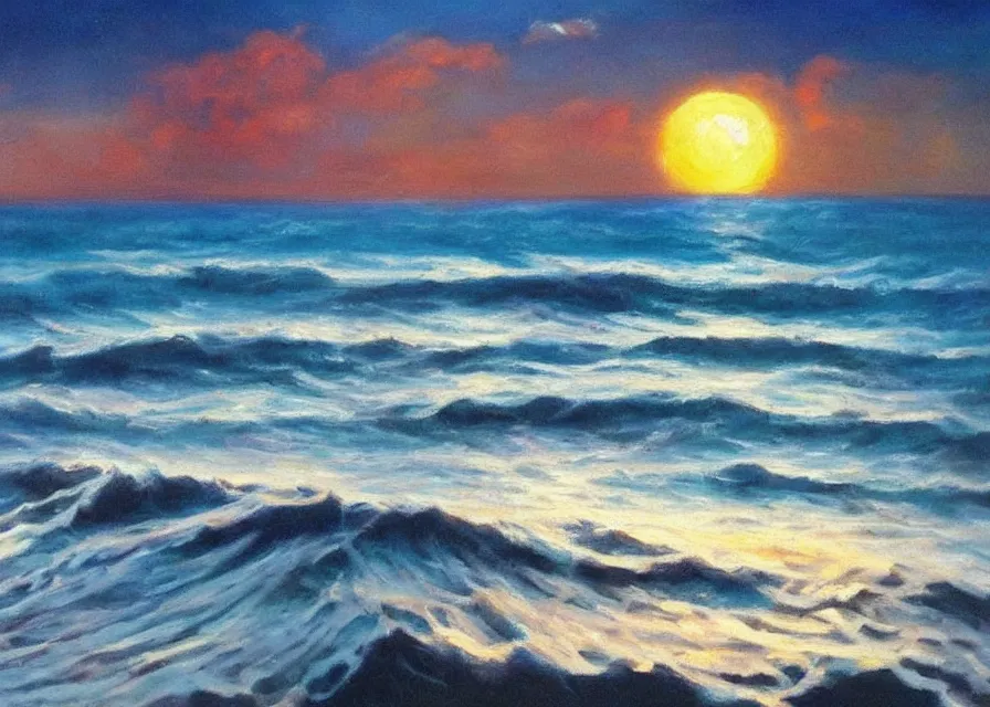 Image similar to beautiful night ocean in moonlight, colorful oil painting