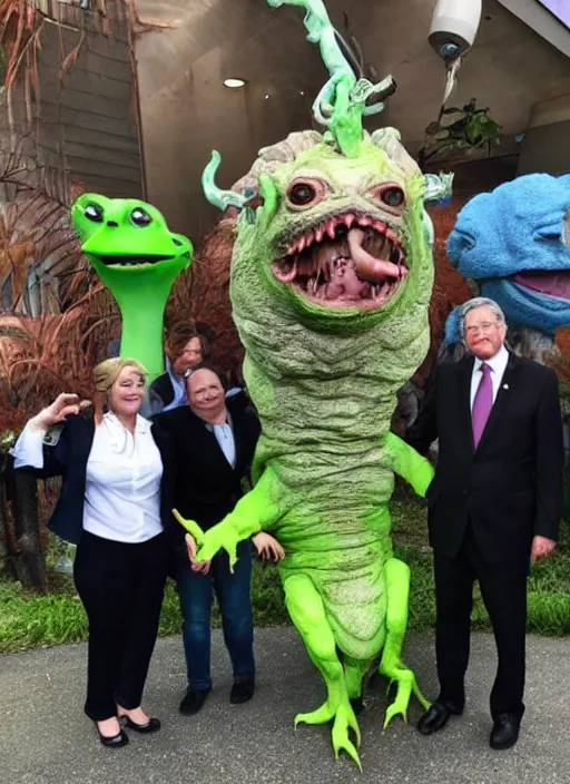 Prompt: a politician photo op with creatures from another dimension