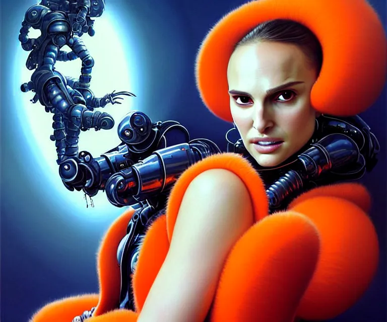 Image similar to beautiful fantasy character portrait, natalie portman, wearing orange puffy bomber jacket with white fur, seductive reclining pose, futuristic robots, ultra realistic, dramatic lighting, robots, the fifth element artifacts, highly detailed by peter mohrbacher, hajime sorayama, wayne barlowe, boris vallejo, aaron horkey, gaston bussiere, craig mullins