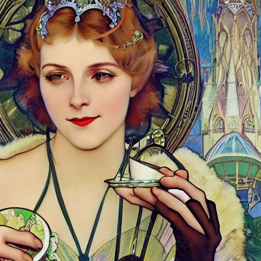 Prompt: beautiful happy slim young princess enjoying a flat white at a cafe in christchurch, new zealand. high quality cinematic 1 9 2 0 s art deco fantasy digital render art by alphonse mucha. 4 k wallpaper. silver fern. incredible. kiwiana. stunning. vibrant. saturated. intricate. cyberpunk utopian. christchurch cathedral. hagley park. the gondola.