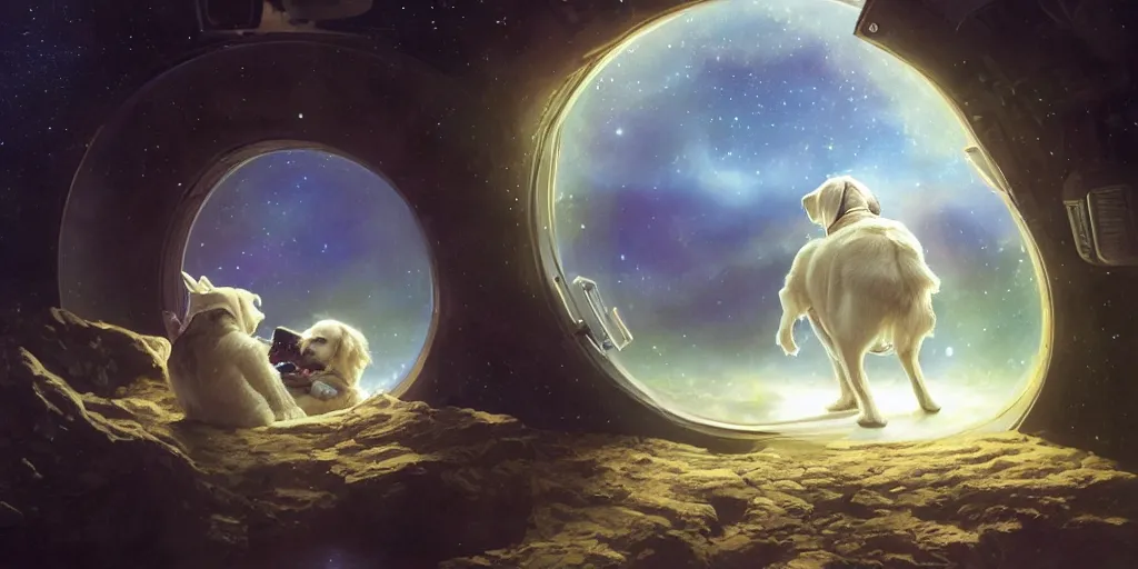 Image similar to dog, sitting sad in spaceship, gazing at view of galaxy in space through a window, by jim burns, peter andrew jones, michael hutter, sharp digital painting. dreaming latent space. matte painting, concept art. artstation. digital render.