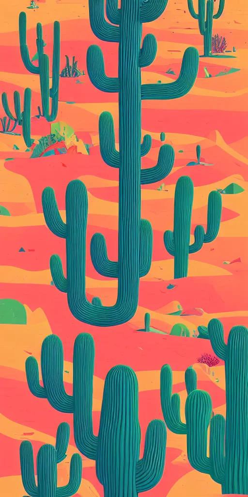 Prompt: cursed multicolored cactus desert, tom whalen, james gilleard, liam brazier, tristan eaton