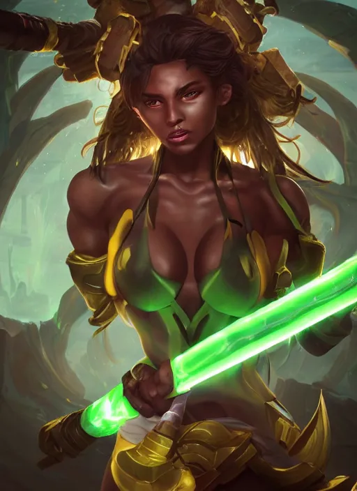 Image similar to senna from league of legends, au naturel, firing a giant weapon, with abs, brown skin, glowing green neon eyes, wearing white robe, digital art, trending in artstation, cinematic lighting, studio quality, smooth render, unreal engine 5 rendered, octane rendered, art style by klimt and nixeu and ian sprigger and wlop and krenz cushart