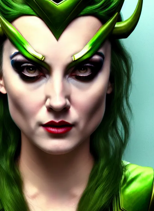 Prompt: Billie as Female Loki, Goddess of Mischief, sci fi, elegant, olive skin color, hyper realistic, hyper detail, very detailed, digital art, trending on artstation, smooth render, 8k blender render,