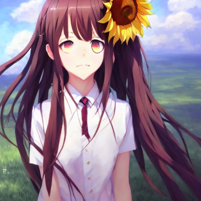 Prompt: beautiful sunflower anime girl, krenz cushart