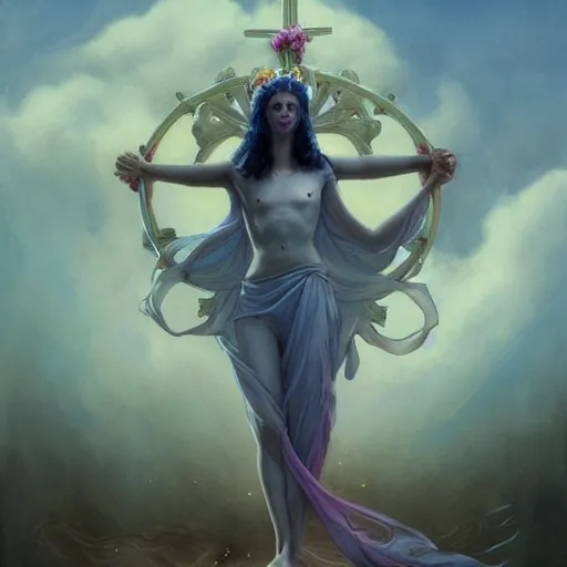 Image similar to full body portrait, long shot, Crucifixion pose, of a beautiful goddess, sworming in flowers, magical, pale skin, blue eyes, long black hair, floating in a misty daze, by pete mohrbacher and greg rutkowski, watercolor painting, deviantart, pinterest