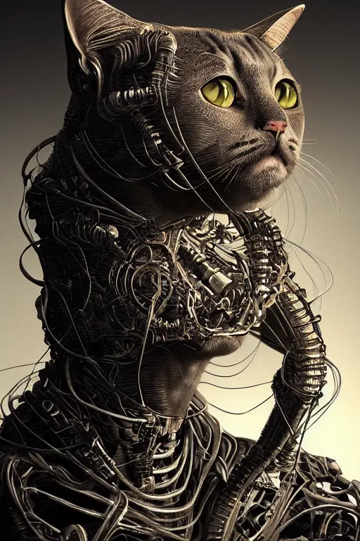 Prompt: portrait of a female cat robot, intricate, dystopian terror, extremely detailed, digital painting, sculpted in zbrush, artstation, concept art, smooth, sharp focus, illustration, chiaroscuro lighting, golden ratio, rule of thirds, fibonacci, incredible art by Stanley Artgerm Lau and Greg Rutkowski, composition by mike mignola and Simon Stalenhag,