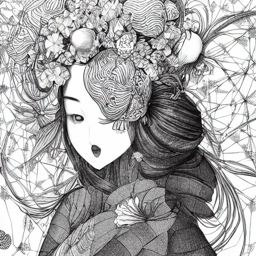 Image similar to the face of an incredibly beautiful, graceful, elegant, and sophisticated young japanese woman dressed as a bulb of garlic, an ultrafine detailed illustration by james jean, intricate linework, bright colors, final fantasy, behance contest winner, vanitas, angular, altermodern, unreal engine 5 highly rendered, global illumination, radiant light, detailed and intricate environment