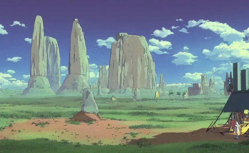 Image similar to a realistic cell - shaded studio ghibli concept art from paprika ( 2 0 0 6 ) of a cubic multi - colored rocketship from close encounters of the third kind ( 1 9 7 7 ) in a flooded monument valley stonehenge jungle jungle on a misty starry night. a camel caravan is in the foreground. very dull colors, portal, hd, 4 k, hq