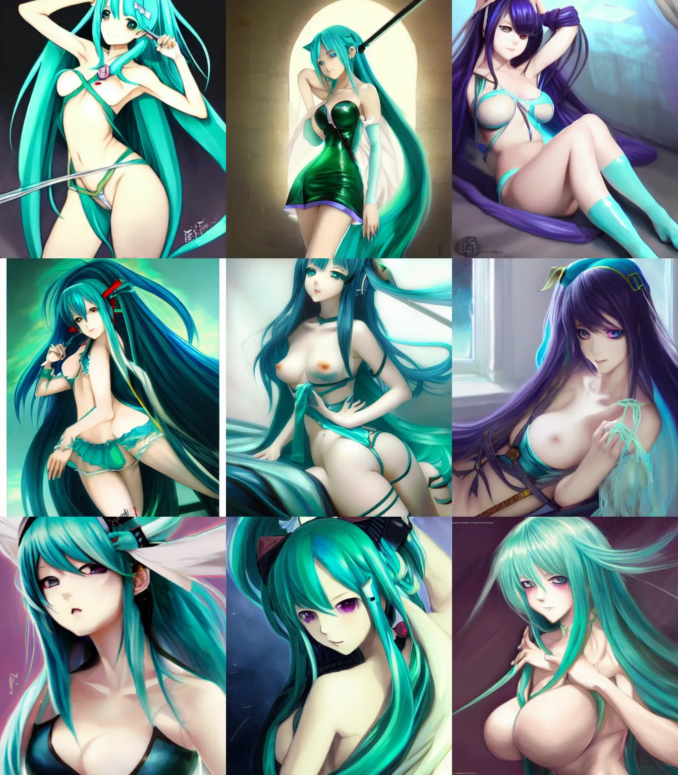 Prompt: rogue anime girl Hatsune Miku in the negligee in bed, hourglass slim figure, green blue long hair and attractive features, dungeons and dragons portrait, seductive smile, highly detailed, digital painting, artstation, concept art, sharp focus, illustration, art by artgerm and greg rutkowski and alphonse mucha