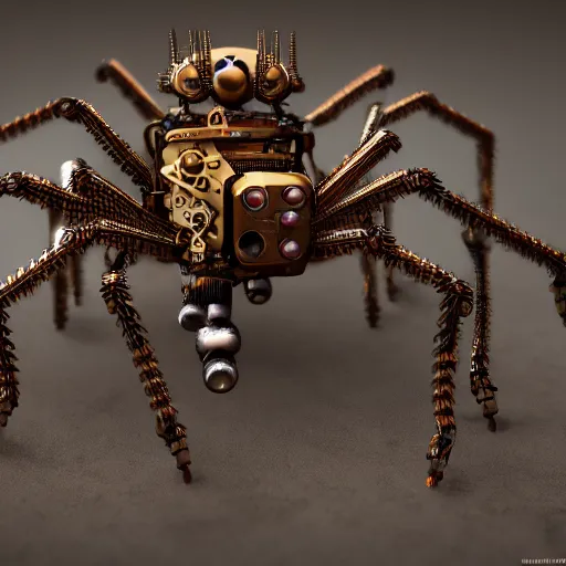 Prompt: steampunk spider robot with eight legs and gears, insane details, sharp focus, octane render