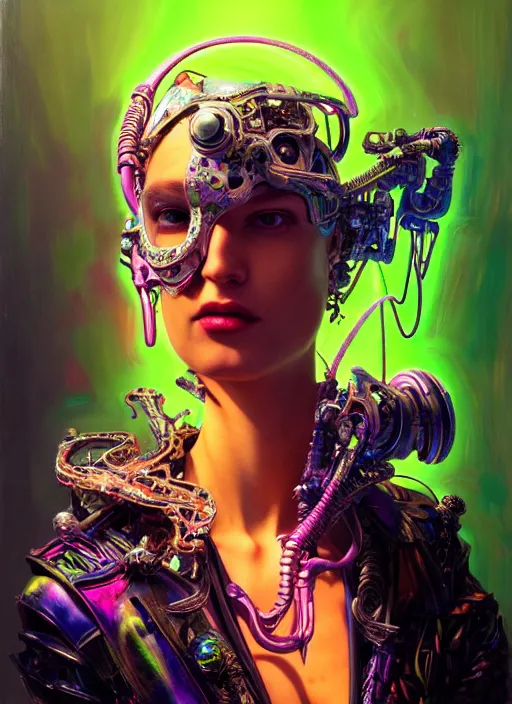 Image similar to neon cyborg, Neo Rococo Expressionist, Maximalism, orientalism, diffuse lighting, fantasy, intricate, elegant, highly detailed, lifelike, photorealistic, digital painting, artstation, illustration, concept art, smooth, sharp focus, art by John Collier and Albert Aublet and Krenz Cushart and Artem Demura and Alphonse Mucha