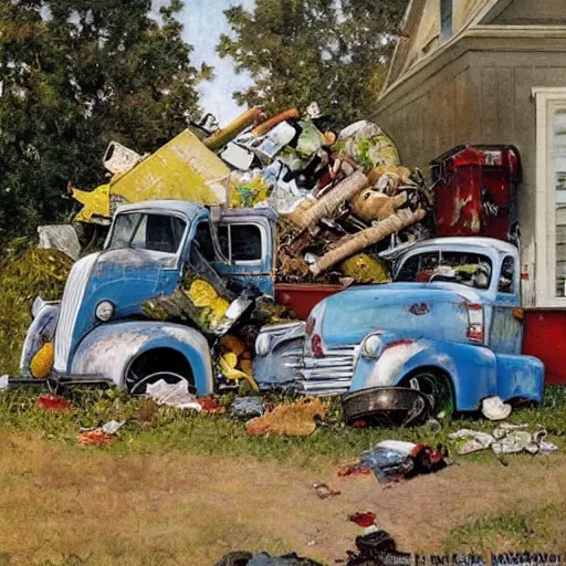 Prompt: A Norman Rockwell painting of a front front yard covered in thrash that has half of an old broken down truck in it, detailed, masterpiece