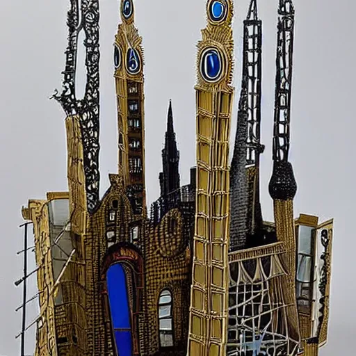 Prompt: a beautiful kinetic sculpture of a cityscape with tall spires and delicate bridges. by grayson perry distorted, emotive