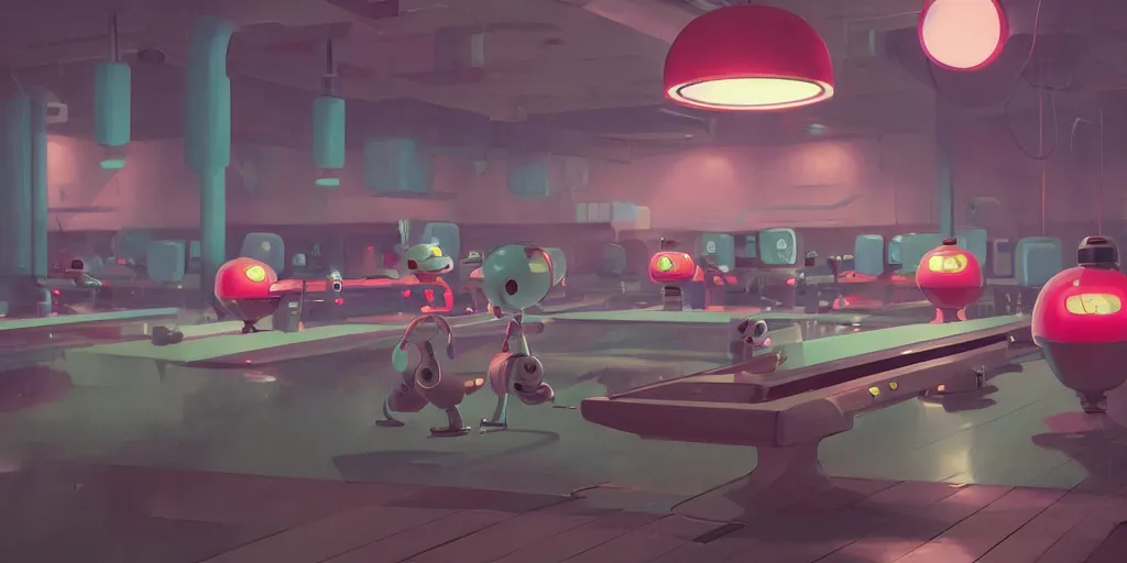 Prompt: cute robots in a bowling alley by Goro Fujita and Simon Stalenhag , 8k, trending on artstation, hyper detailed, cinematic