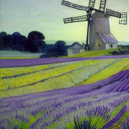 Image similar to painting of lavender field, highly detailed, beautiful lighting, mill in background by james abbott mcneill whistler