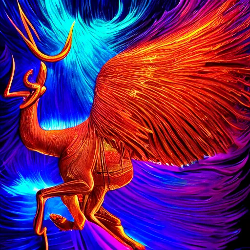 Prompt: Photorealistic physical manifestation of the zodiac sagittarius. Hyperdetailed photorealism, 108 megapixels, incredible depth, beautiful colors, psychedelic overtones, blacklight neon, glowing