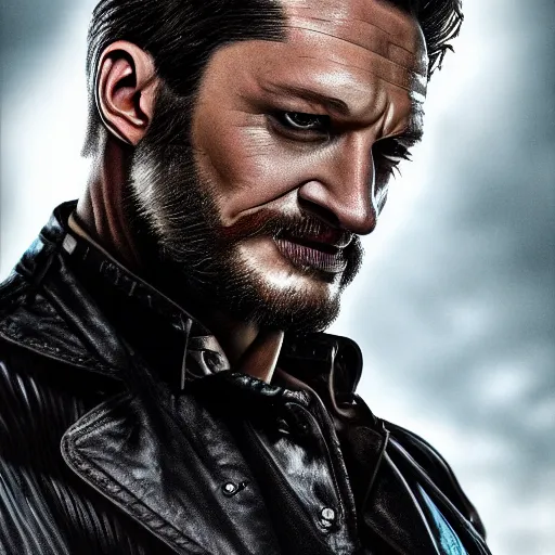 Image similar to Tom Hardy as wolverine in Black Damaged leather suit Digital art 4K quality