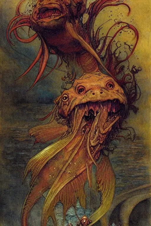 Prompt: a happy fish in the style of and by wayne barlowe, gustav moreau, goward,  Gaston Bussiere and roberto ferri, santiago caruso, and austin osman spare