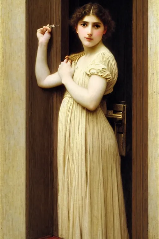 Image similar to girl in thought by auguste toulmouche and bouguereau, bright light, perfect detailed eyes, beautiful hands, pale skin, blonde hair, leaning on door