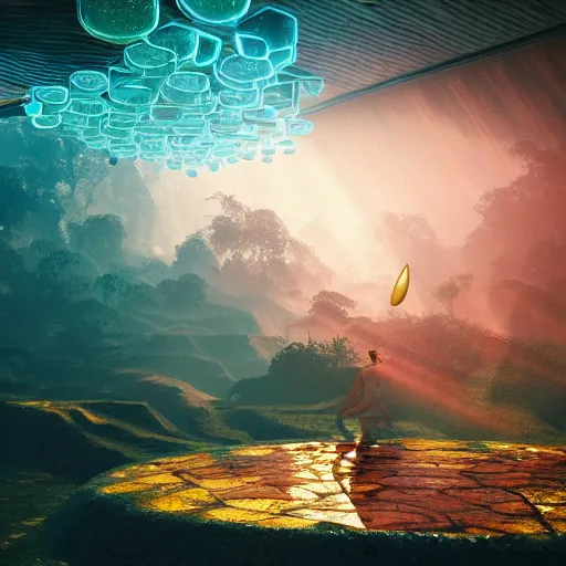 Image similar to a world of dew within every dewdrop a world of struggle, volumetric void of latent space, golden turquoise steampunk, axonometric high contrast cinematic light, mystical shadows, sharp focus, divine realm of gods, octane render,