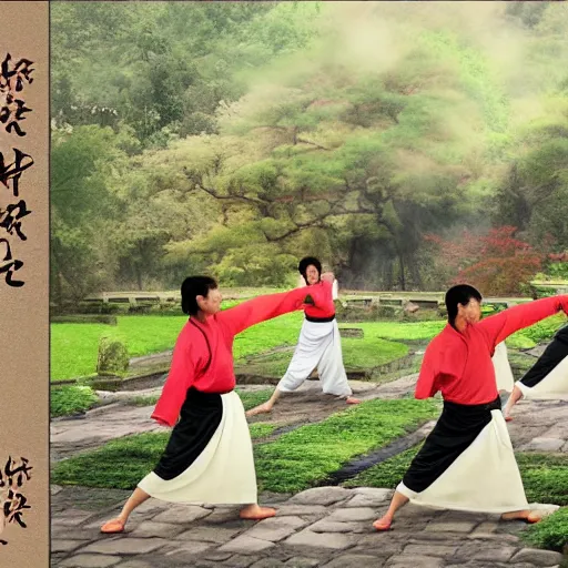 Prompt: tai chi class at tea house, movement, wind, nature, elemental, transmutation, moving poetry, living nature, tea, teapots, digital art, 8 k, realistic human movement, in the style of confucian martial manual, huang di nei jing