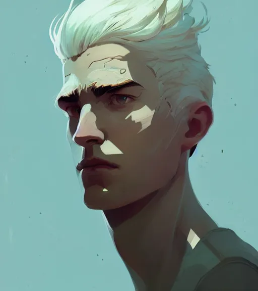 Image similar to portrait of a young man, raised on the island, white hair, face tatooes by atey ghailan, by greg rutkowski, by greg tocchini, by james gilleard, by joe fenton, by kaethe butcher, dynamic lighting, gradient light blue, brown, blonde cream and white color scheme, grunge aesthetic