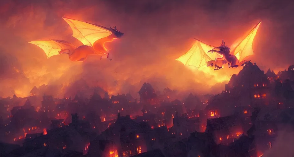 Image similar to book illustration of flying charizard dragon above the village. Burning houses dragon fire breath. Atmospheric beautiful by Eddie mendoza and Craig Mullins. volumetric lights