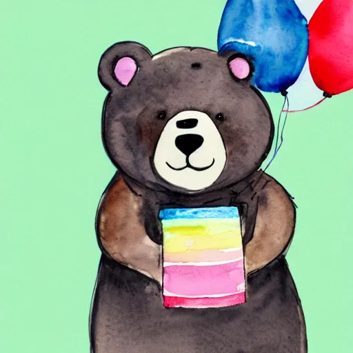 Prompt: watercolor animated bear holding birthday balloons