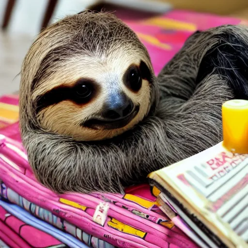 Image similar to sloth wearing diaper, sitting on couch, beside pile of books