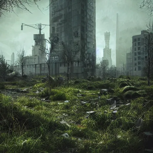 Image similar to post-apocalyptic overgrown moscow after losing the war, digital art, octane render, beautiful composition, trending on artstation, masterpiece