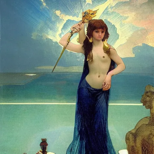 Image similar to Demon Girl at the palace, refracted sparkles, thunderstorm, greek pool, beach and Tropical vegetation on the background major arcana sky, by paul delaroche, alphonse mucha and arnold böcklin, hyperrealistic 8k, award-winning, very very very detailed