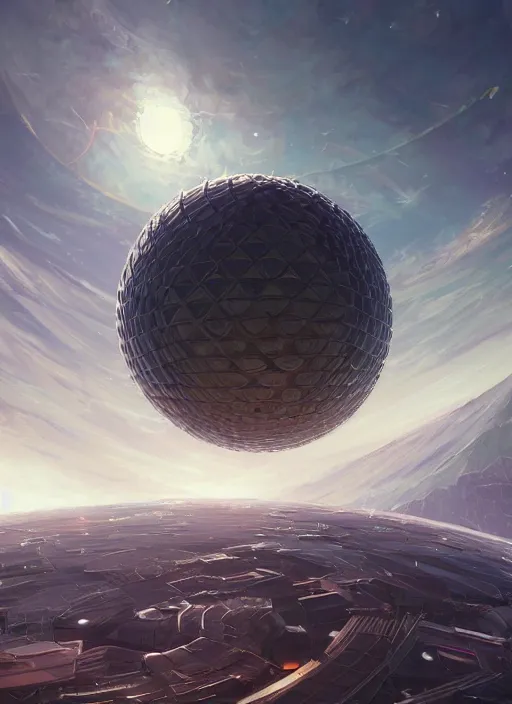 Image similar to dyson sphere - mid construction | hyperrealistic oil painting | by makoto shinkai, ilya kuvshinov, lois van baarle, rossdraws | futuristic architecture, in the style of hearthstone, trending on artstation | dark color scheme