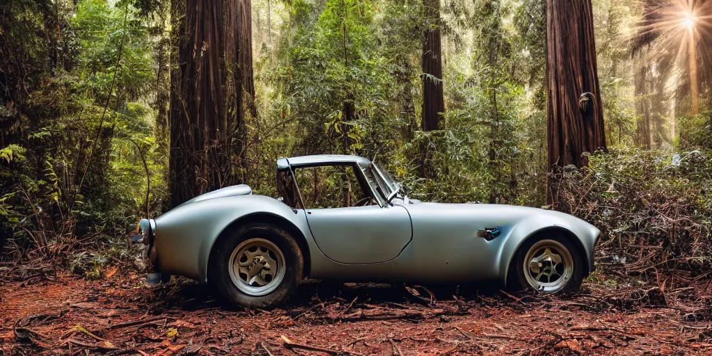 Prompt: A close up photograph of an abandoned broken down rusty AC Cobra in an old redwood forest, massive trees, overgrown with vegetation, sun shining through the trees, backlit, crepuscular rays, muted colors, 8k